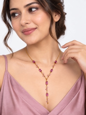 ASMA SAYED JEWELRY – HOUSE OF ASWAH Floral Y-Drop Necklace for Women & Girls | Pink, Blue & Clear Stone Studded Gold-Tone Necklace | Elegant Minimal Jewellery for Party, Daily Wear & Gifting - Image 4