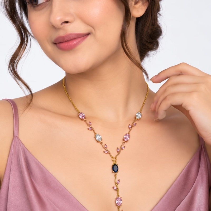 ASMA SAYED JEWELRY – HOUSE OF ASWAH Floral Y-Drop Necklace for Women & Girls | Pink, Blue & Clear Stone Studded Gold-Tone Necklace | Elegant Minimal Jewellery for Party, Daily Wear & Gifting