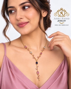 ASMA SAYED JEWELRY – HOUSE OF ASWAH Floral Y-Drop Necklace for Women & Girls | Pink, Blue & Clear Stone Studded Gold-Tone Necklace | Elegant Minimal Jewellery for Party, Daily Wear & Gifting - Image 2