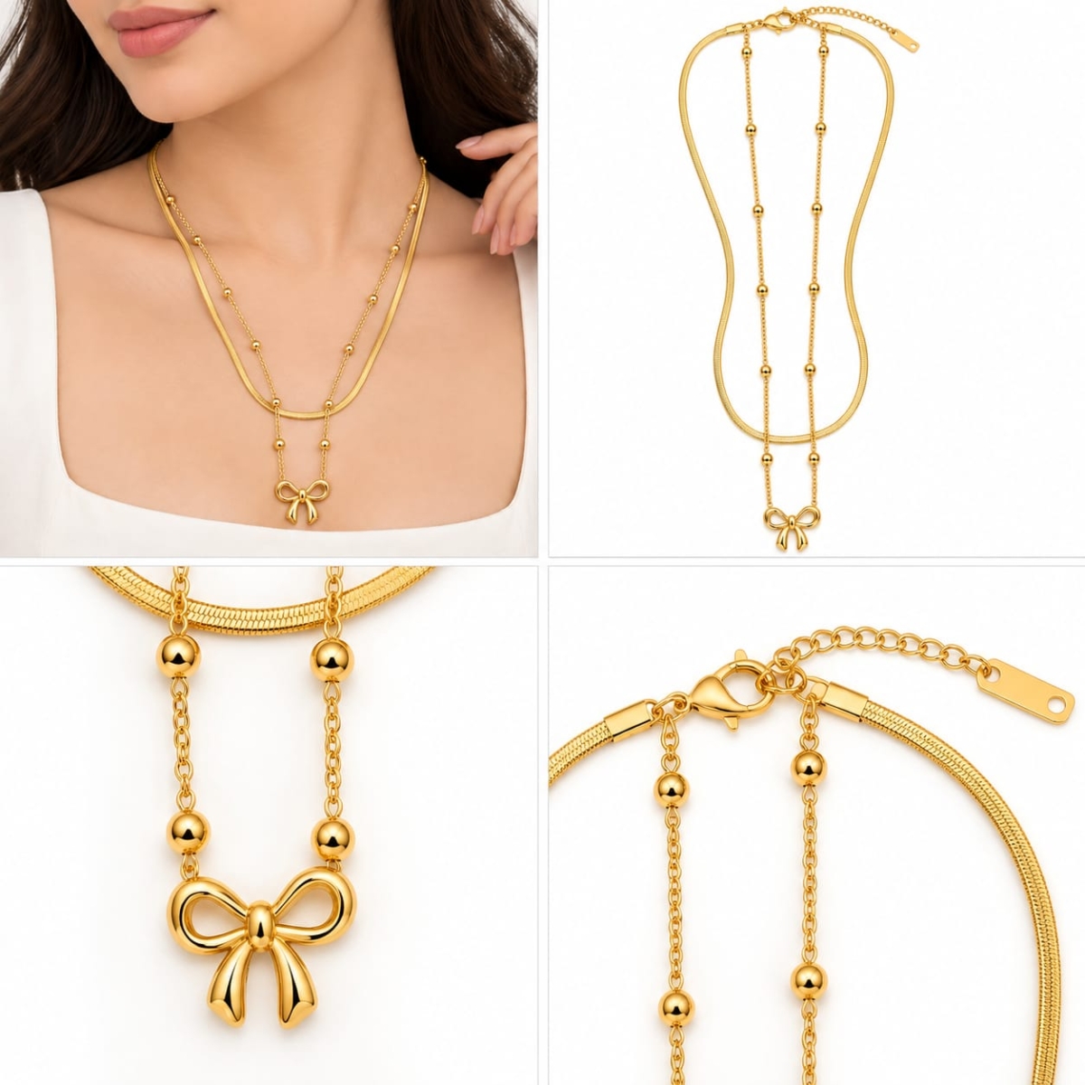ASMA SAYED JEWELRY – HOUSE OF ASWAH 18K PVD Gold Plated Bow Pendant Layered Necklace for Women | 316L Stainless Steel | Anti-Tarnish, Waterproof & Hypoallergenic | Demi-Fine Jewellery - Image 3