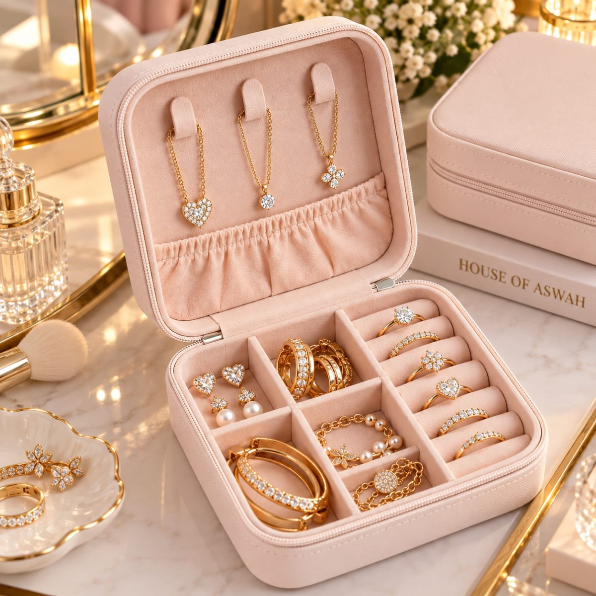 mirrorsecond HOUSE OF ASWAH Mini Travel Jewellery Organizer Box for Women | Portable Jewellery Storage Case with Necklace Hooks, Ring Holders & Multiple Compartments | Travel-Friendly Jewellery & Accessories Organizer - Image 1