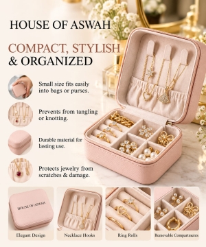 HOUSE OF ASWAH Mini Travel Jewellery Organizer Box for Women | Portable Jewellery Storage Case with Necklace Hooks, Ring Holders & Multiple Compartments | Travel-Friendly Jewellery & Accessories Organizer - Image 3